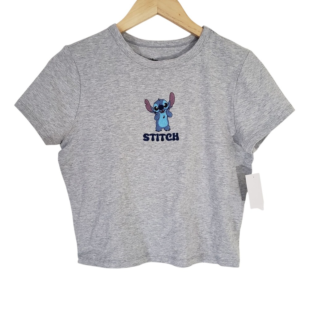NWT Disney Stitch T Shirt Juniors XL Gray Embroidered Crop Top Kidcore Vacation